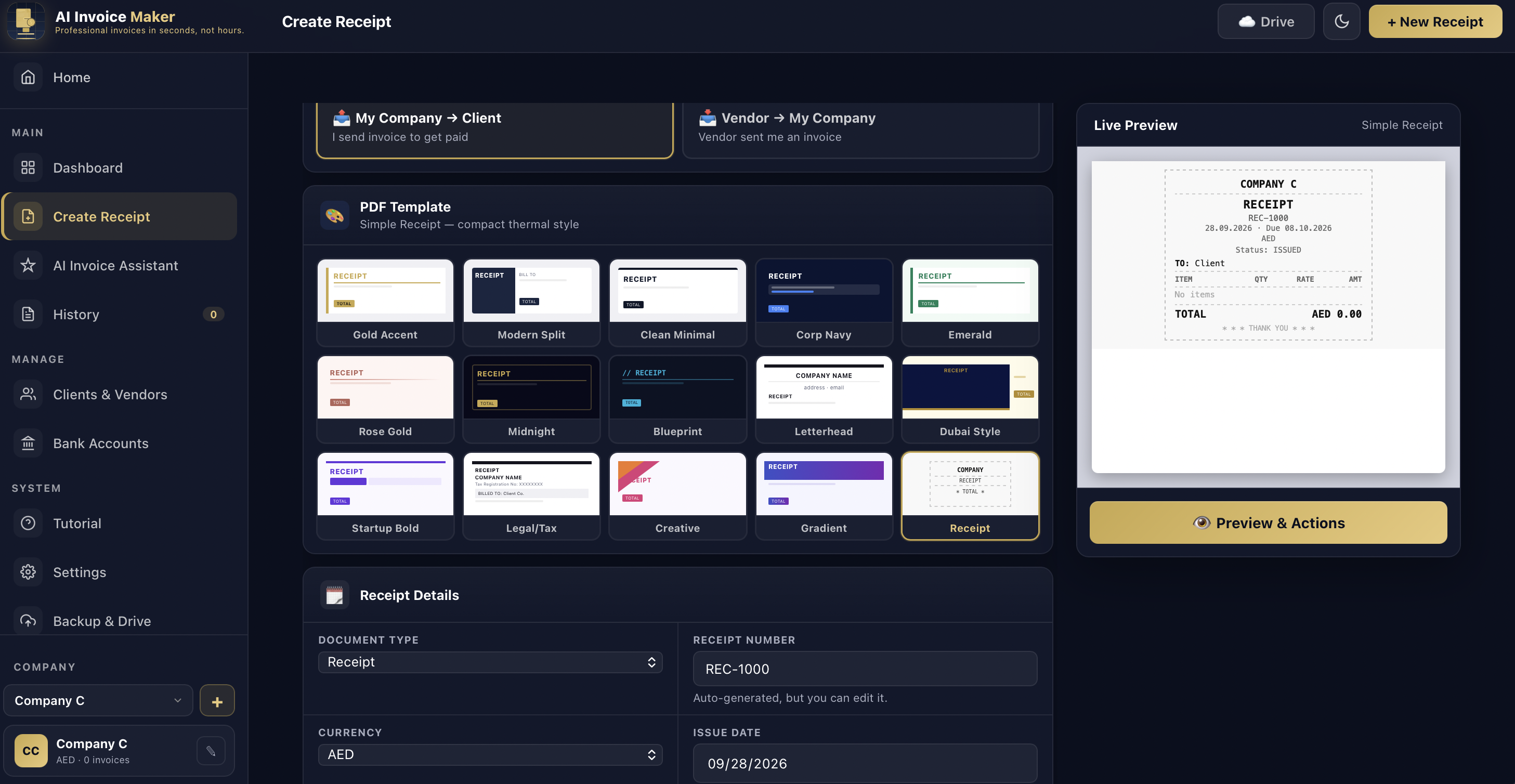 Create Invoice screen with PDF template picker including Simple Receipt template