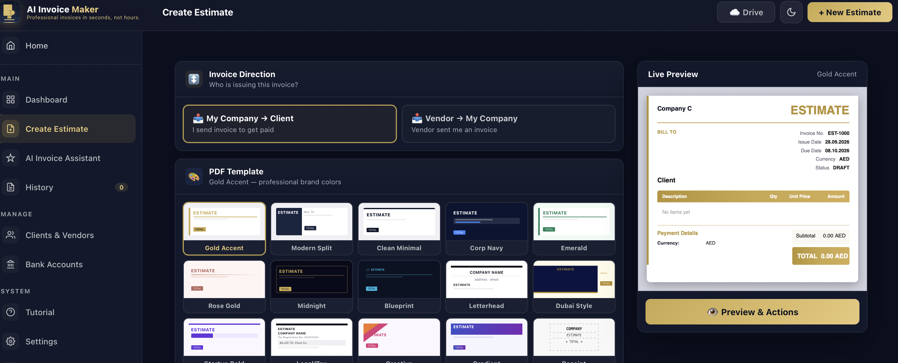 Create Invoice line items and footer note for preparing a business estimate PDF
