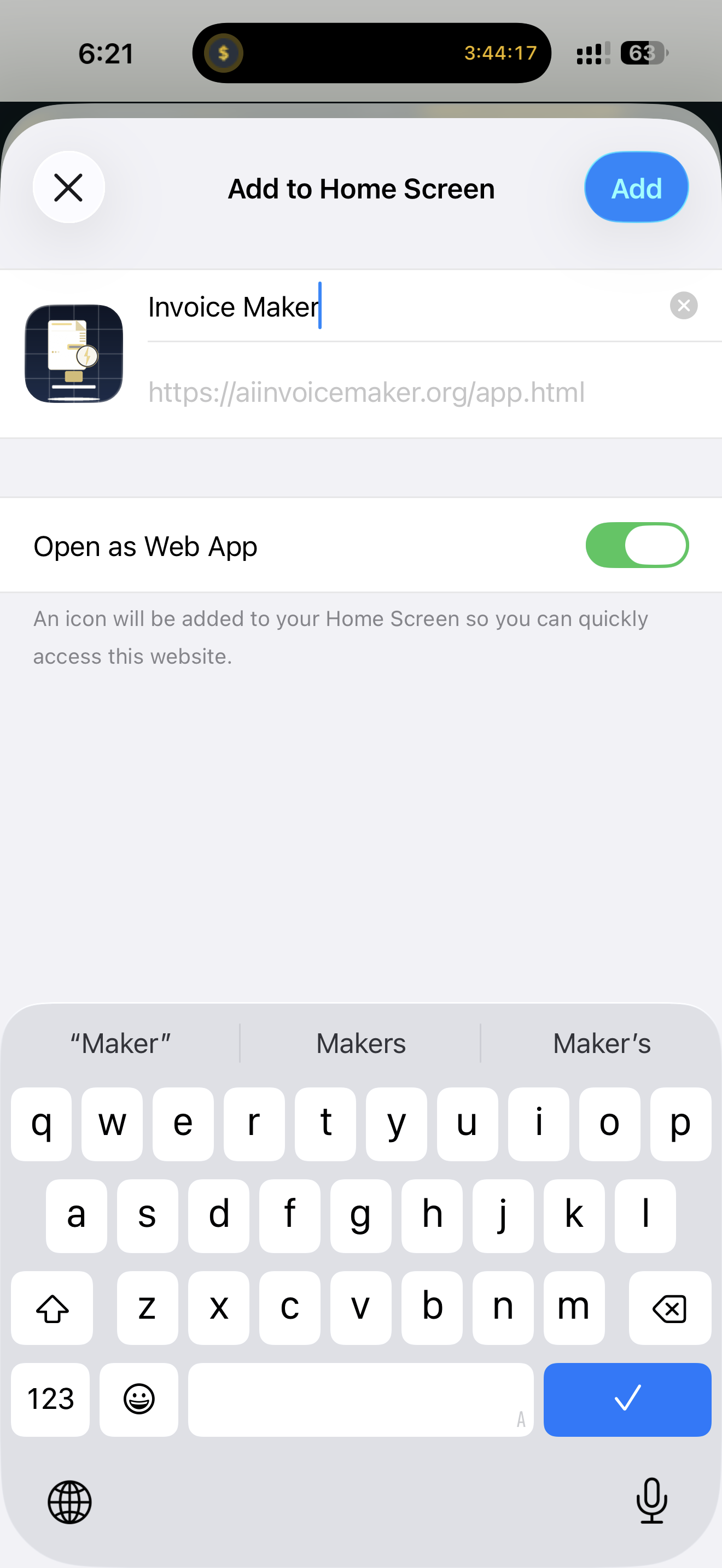 iOS Add to Home Screen confirmation for AI Invoice Maker
