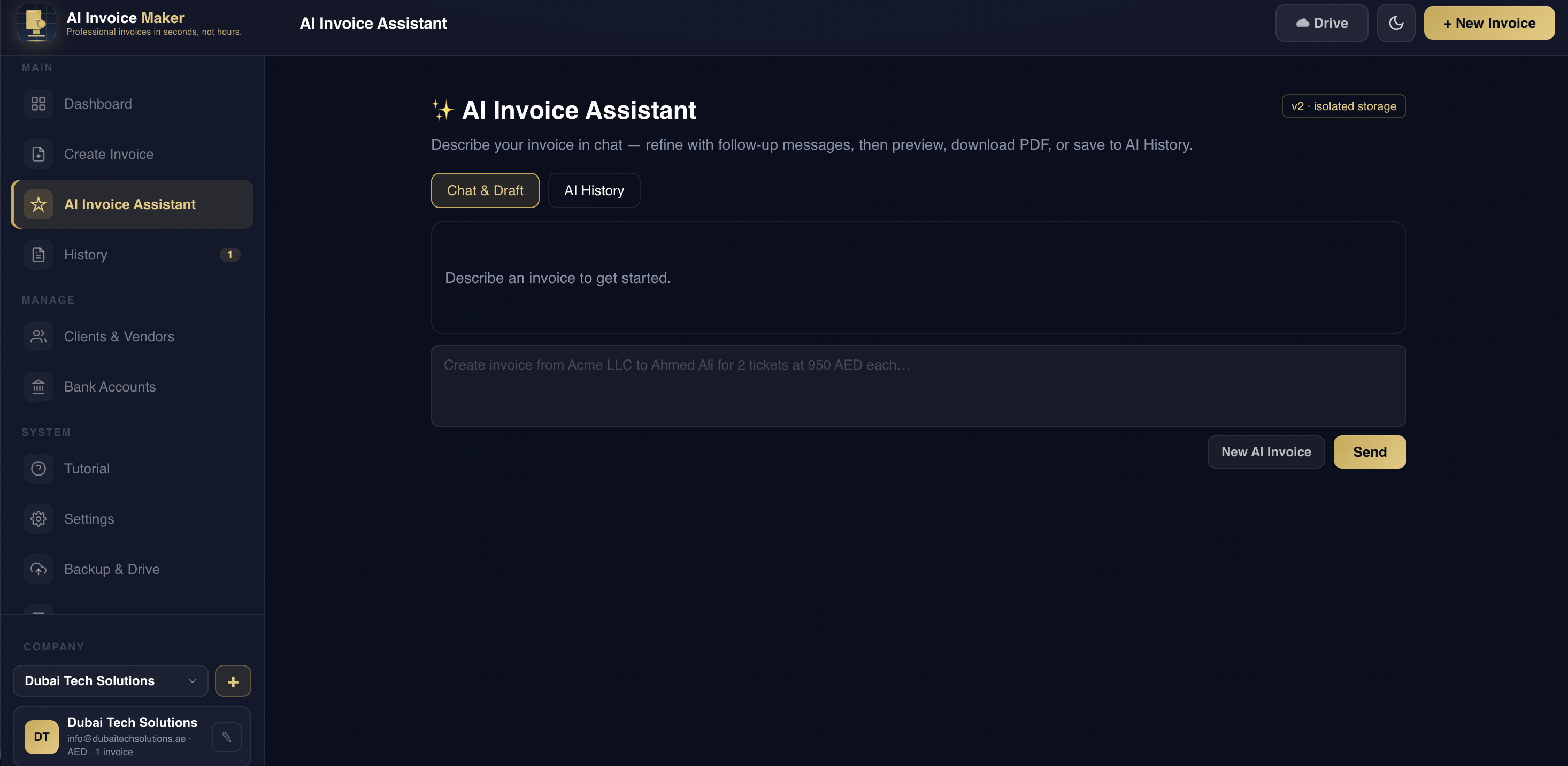 AI Invoice Assistant chat interface inside the app