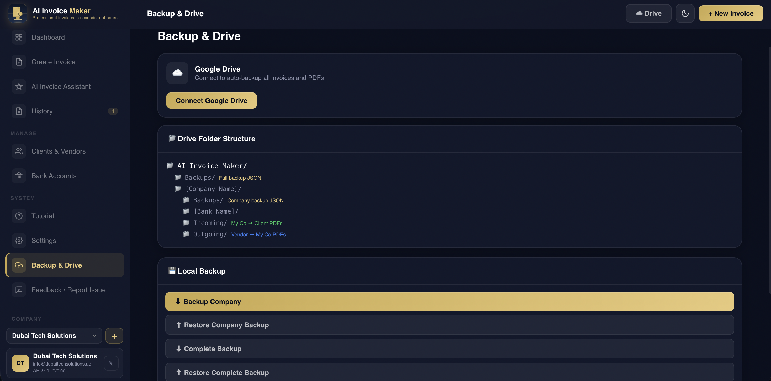 Backup and Drive page with Google Drive and local backup options