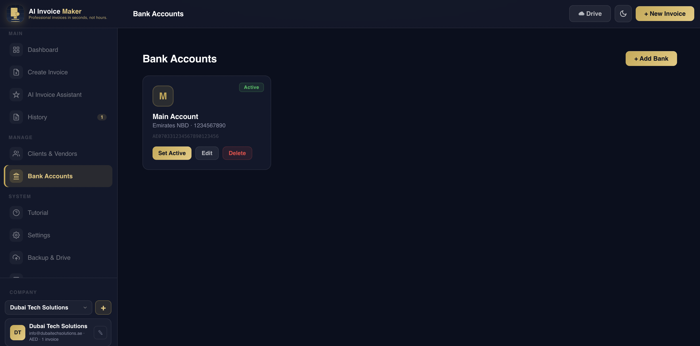 Bank Accounts page showing saved bank details