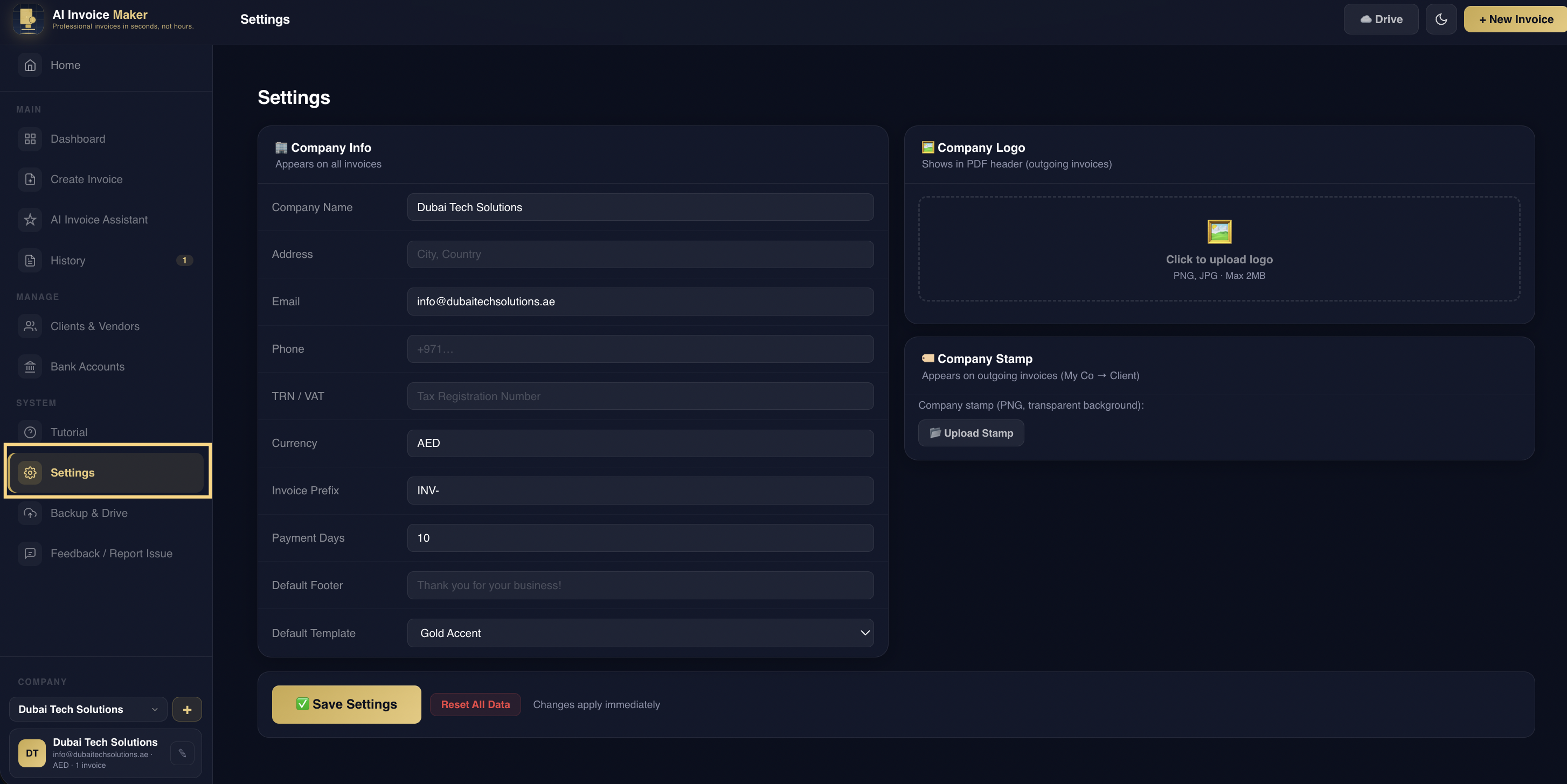 Settings page with company info, logo upload, and company stamp