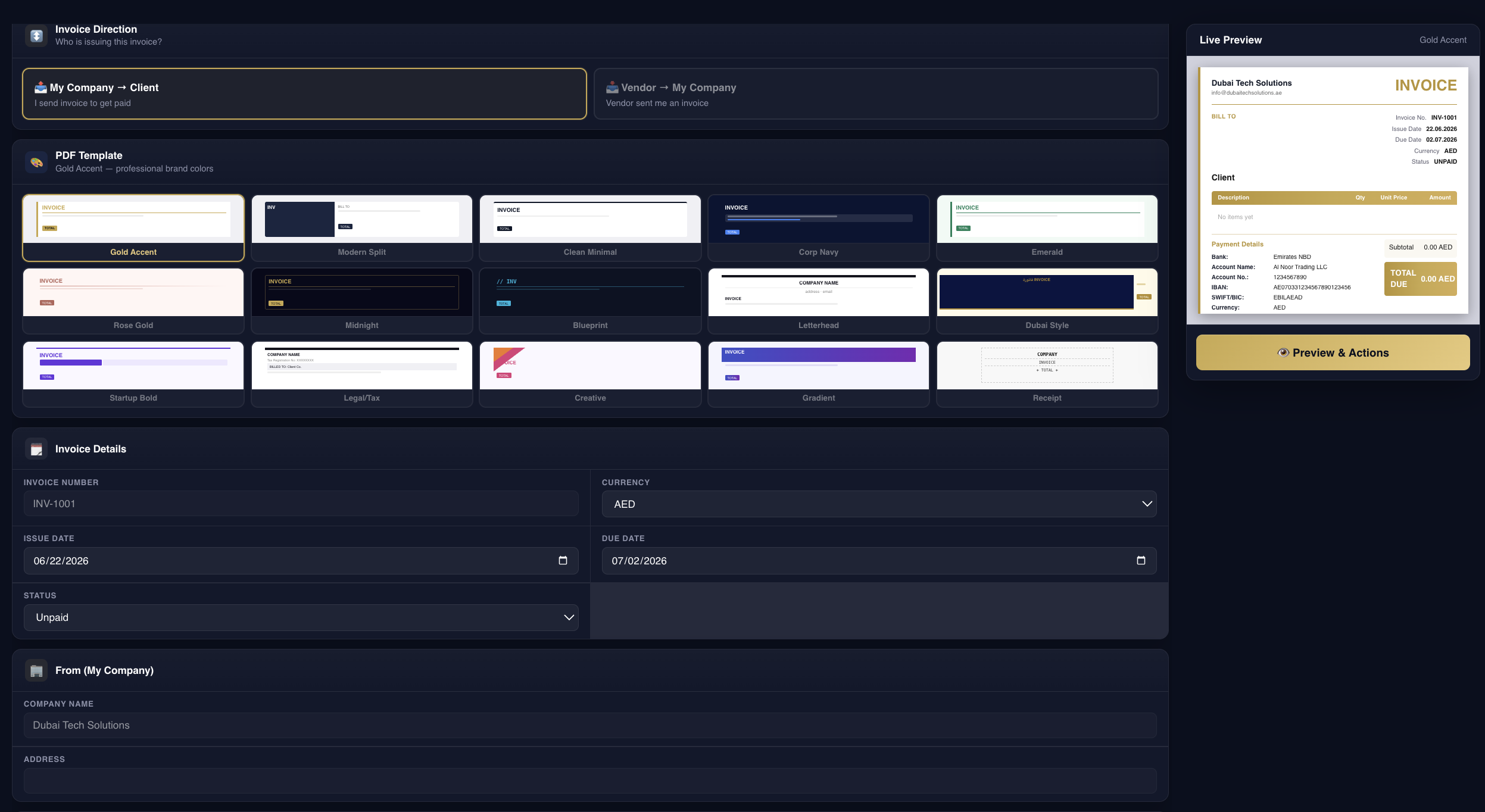 Create Invoice screen with direction, templates, details, and live preview
