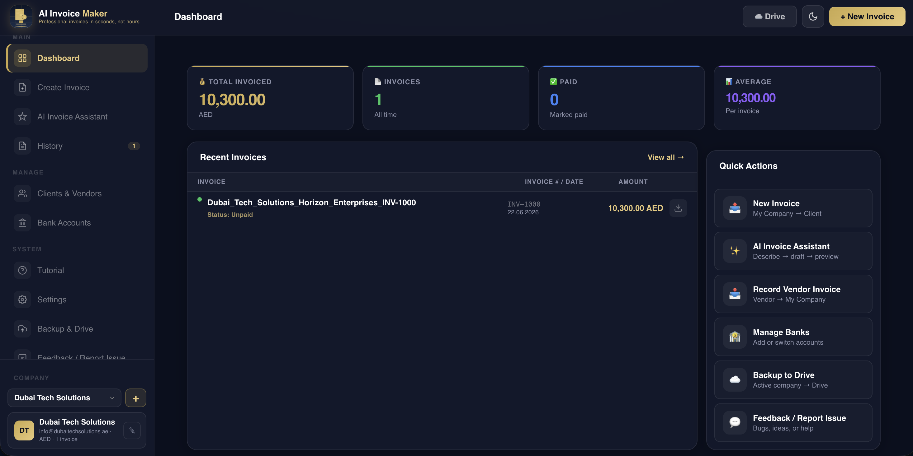 AI Invoice Maker dashboard with statistics, recent invoices, and quick actions