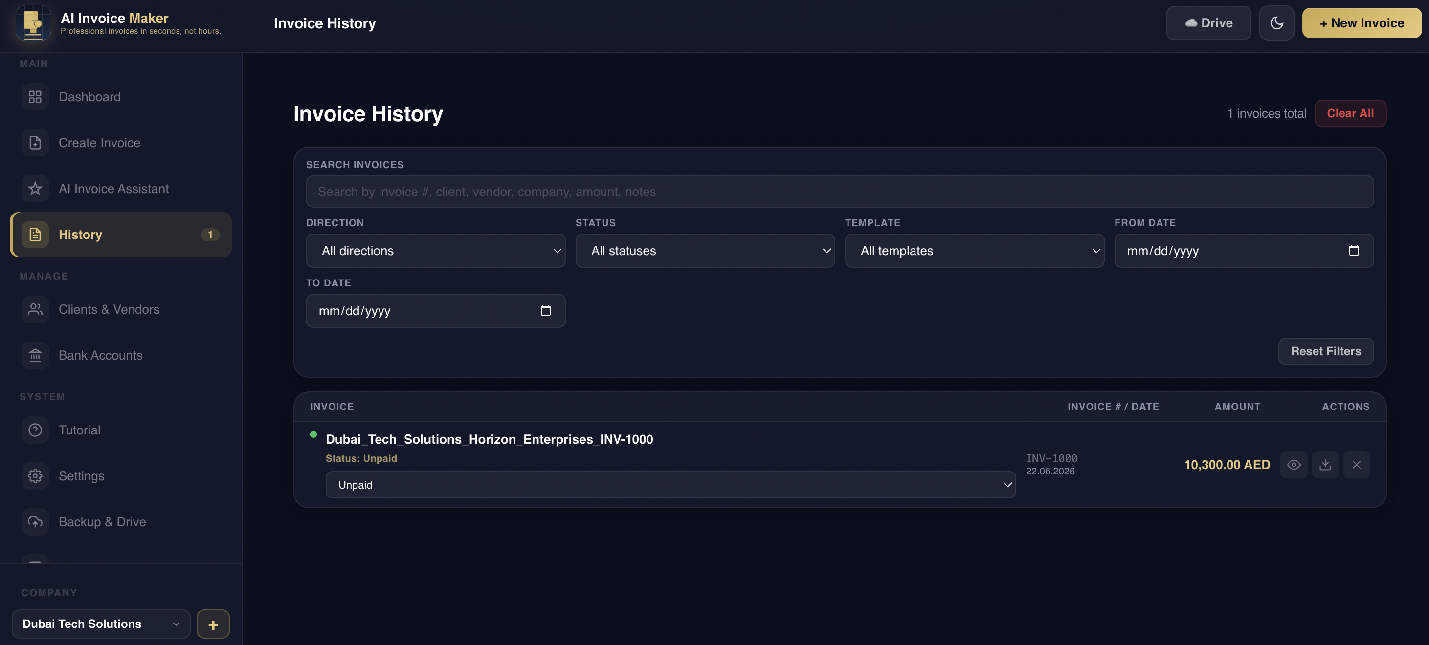 Invoice History with search filters and invoice list