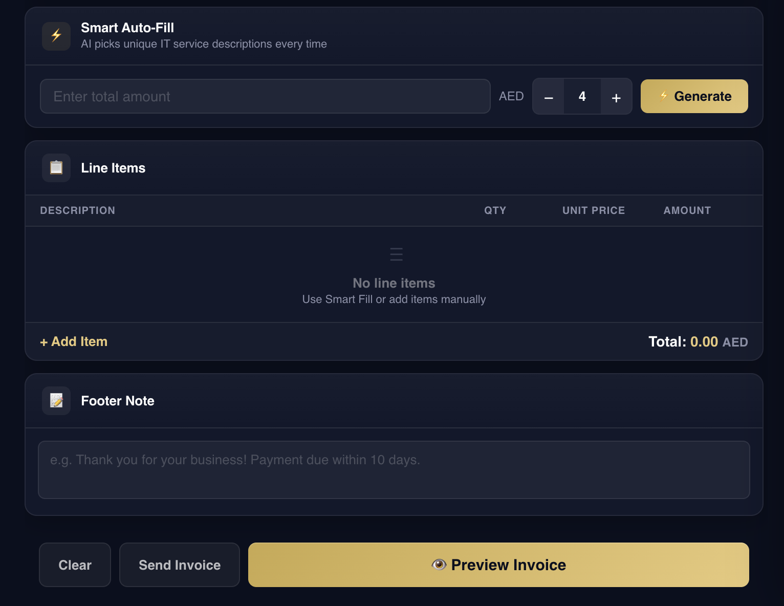 Smart Auto-Fill, line items, and invoice action buttons