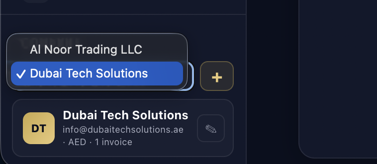 Multi-company selector in the sidebar for creating and switching company profiles
